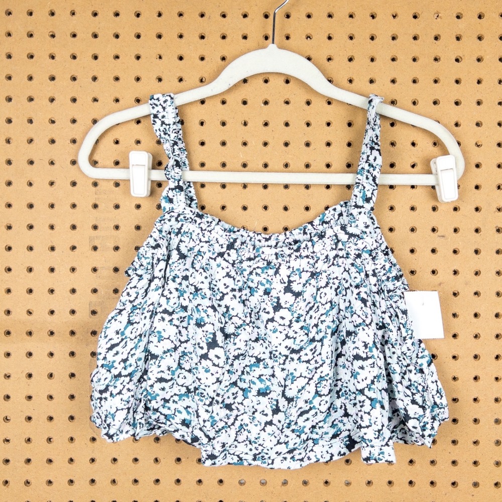 Volcom Floral Crop Top Blue White Black‎ Viscose Ruffle Strap B0412102 Womens S